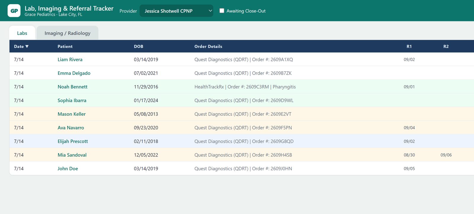 Lab, imaging and referral tracker with pending and received results