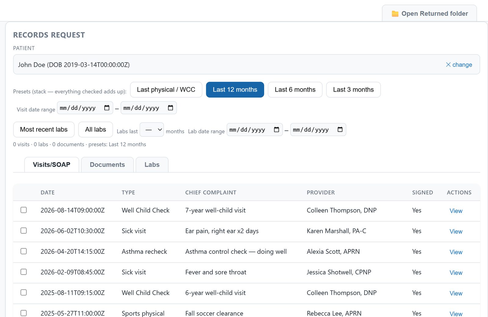 Records request screen selecting visits, documents and labs for a patient