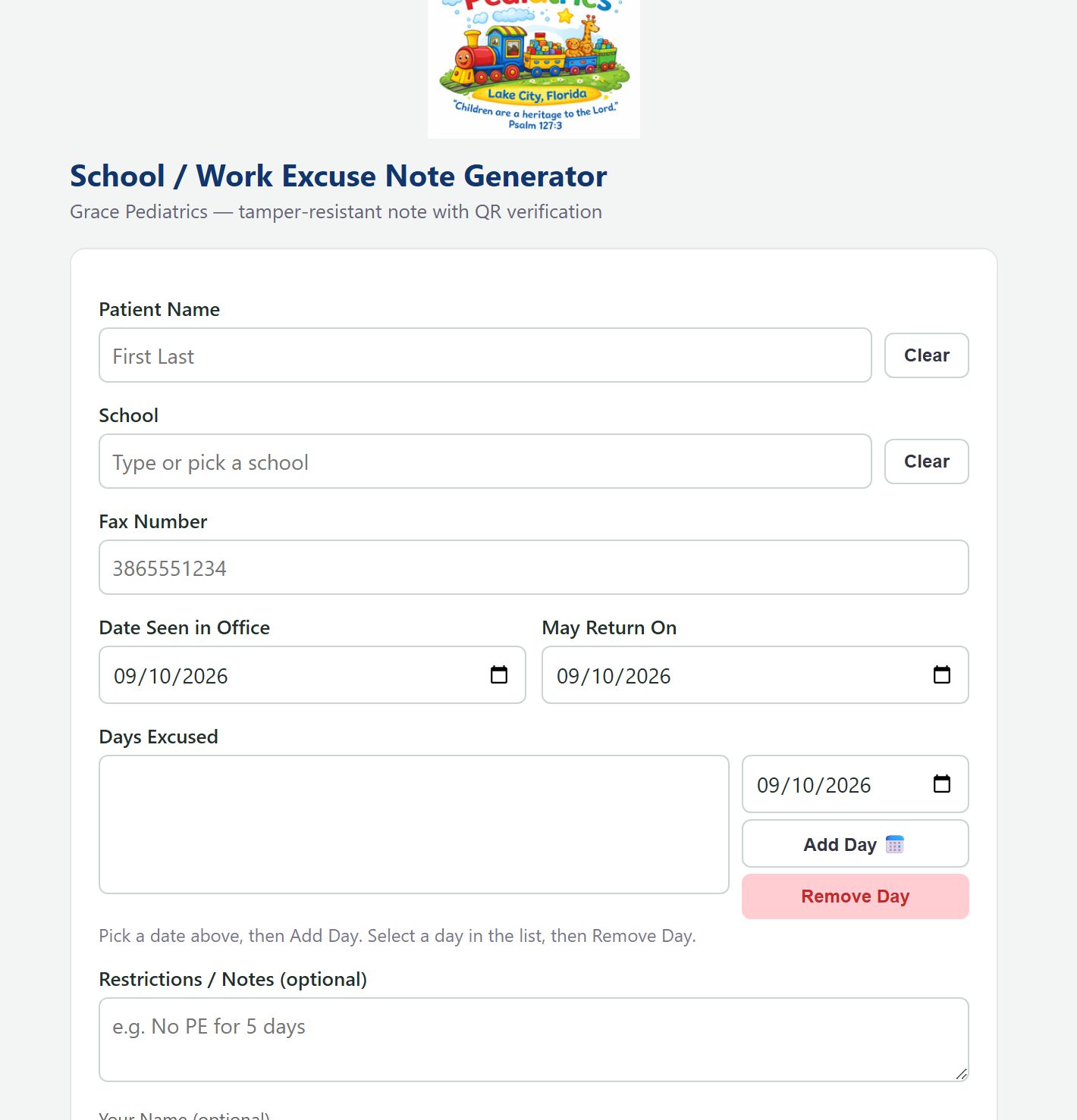 School and work excuse note with QR code verification